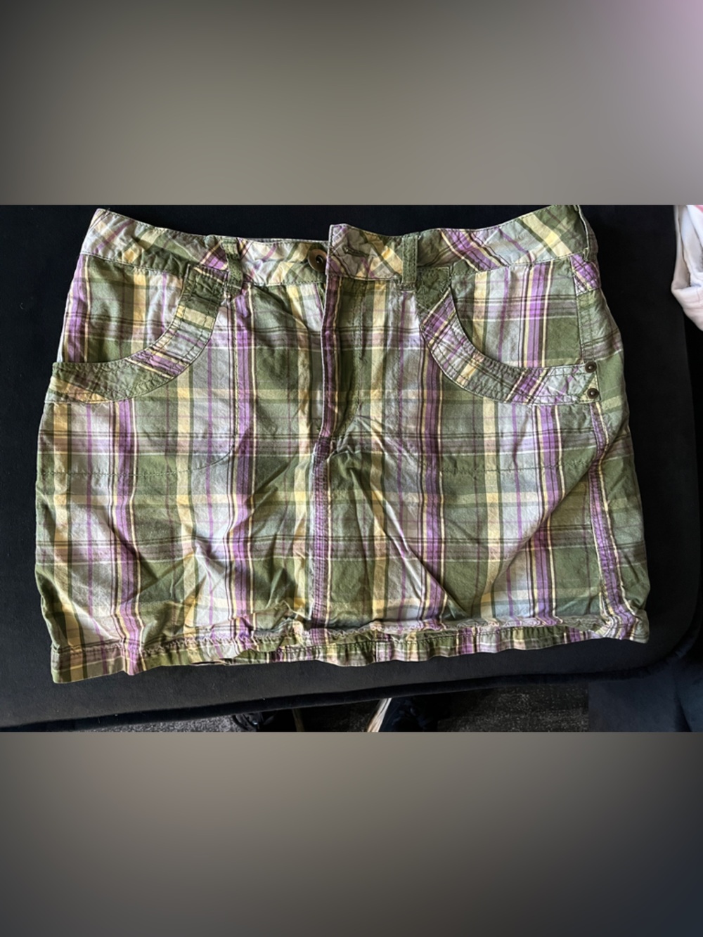 French Cuff Olive Green Plaid Cargo Skort with Purple Stripes